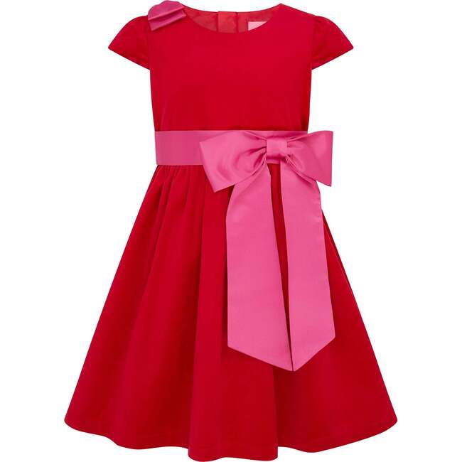 Rosie Velvet & Satin Bow Girls Party Dress, Red & Pink