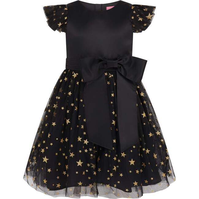 Stella Satin & Gold Star Girls Party Dress, Black & Gold