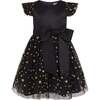 Stella Satin & Gold Star Girls Party Dress, Black & Gold - Dresses - 1 - thumbnail