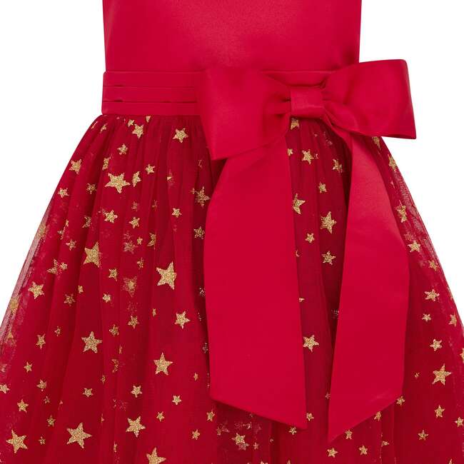 Stella Satin & Gold Star Girls Party Dress, Red - Dresses - 3