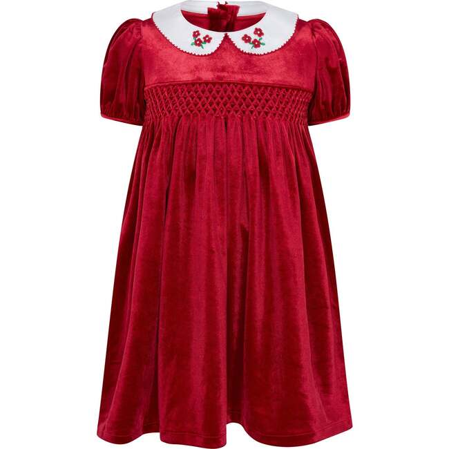 Princess Cherry Hand Smocked Velvet Girls Dress, Red