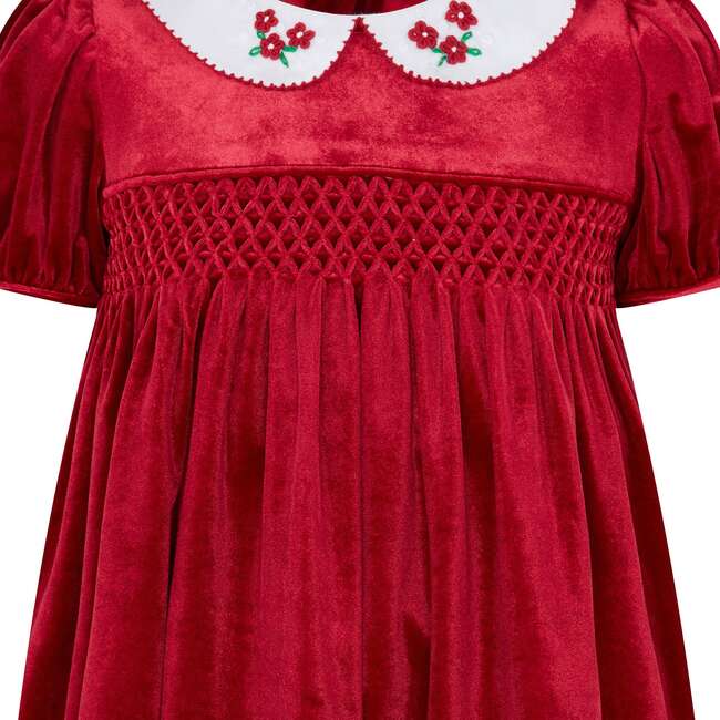 Princess Cherry Hand Smocked Velvet Girls Dress, Red - Dresses - 3