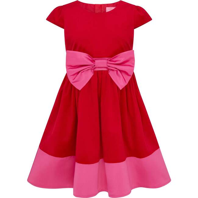 Florence Bow Satin Girls Party Dress, Red & Pink