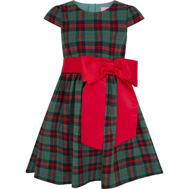 Cameron Plaid & Satin Bow Girls Party Dress, Green & Red - Dresses - 1