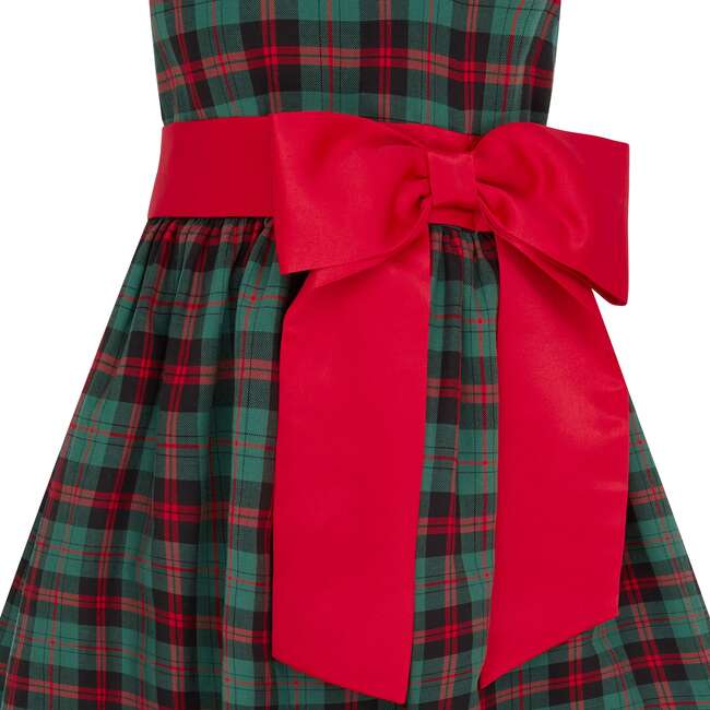 Cameron Plaid & Satin Bow Girls Party Dress, Green & Red - Dresses - 3