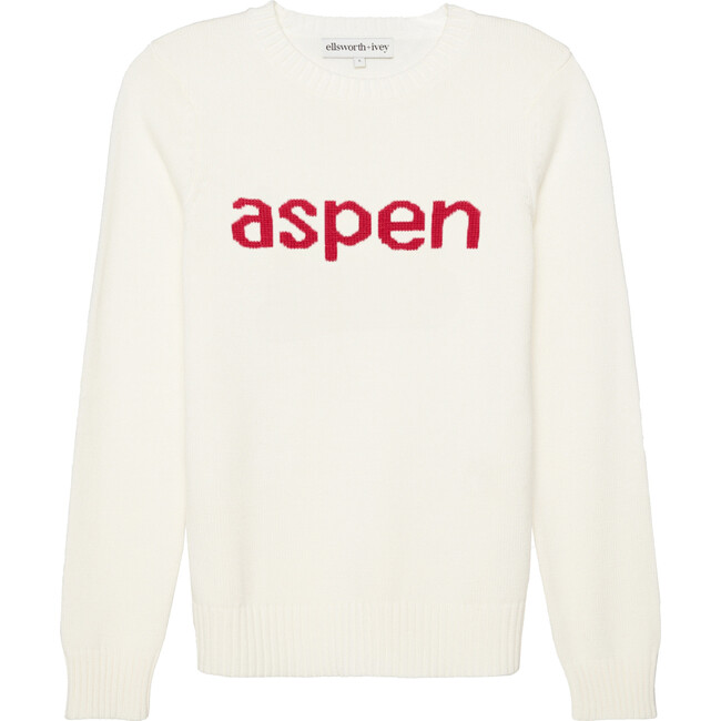 Women's Lowercase Aspen Crew Neck Sweater, White & Red