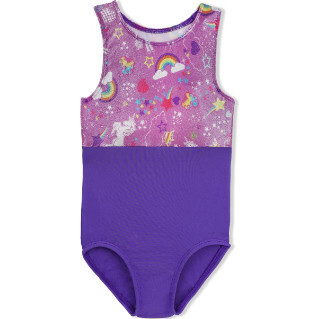 Unicorn Print Two Tone Race Back Leotard, Purple