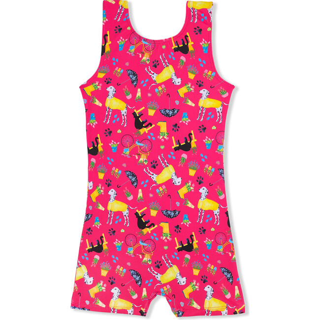 Raining Cats & Dogs Print Sleeveless Biketard, Pink