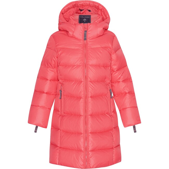 Girls Featherlight Detachable Hood Zipper Long Winter Down Coat, Flamingo