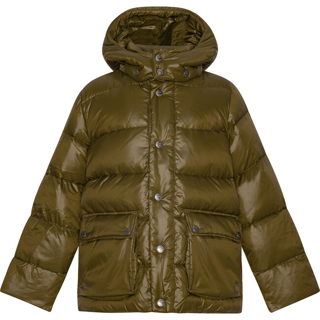 Featherlight Ribbed Collar Button Down Winter Jacket, Dark Olive