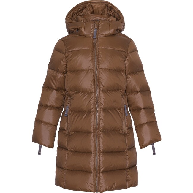 Girls Featherlight Detachable Hood Zipper Long Winter Down Coat, Brownie