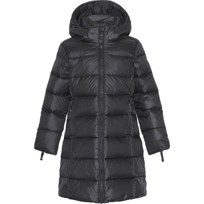 Girls Featherlight Detachable Hood Zipper Long Winter Down Coat, Black