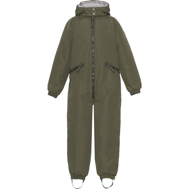 Kids Detachable Hood Elastic Back & Cuff Zipper Wintersuit, Dark Moss