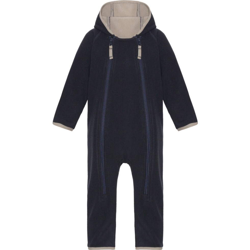 Baby Doubleface Contrast Color 2-Zipper Fleece Babysuit, Navy & Mocca - Overalls - 1