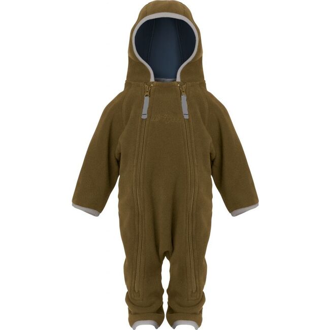 Baby Doubleface Contrast Color 2-Zipper Fleece Babysuit, Hazelnut & Navy