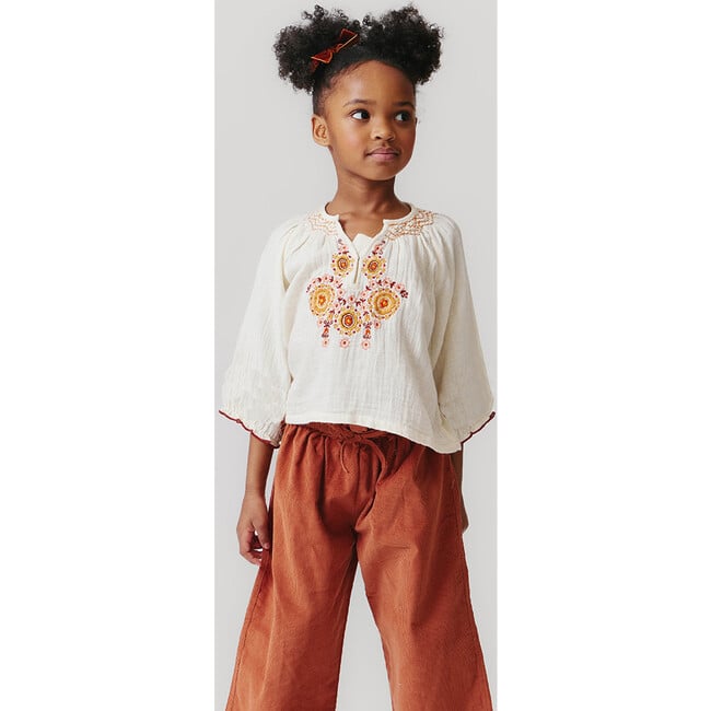 Girls Ava V-Neck 3-Quarter Sleeve Crop Top, Harvest Embroidery - Shirts - 2