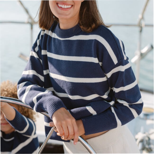 Women's Navy And Cream Wide Stripe Knit Sweater - Sweaters - 2