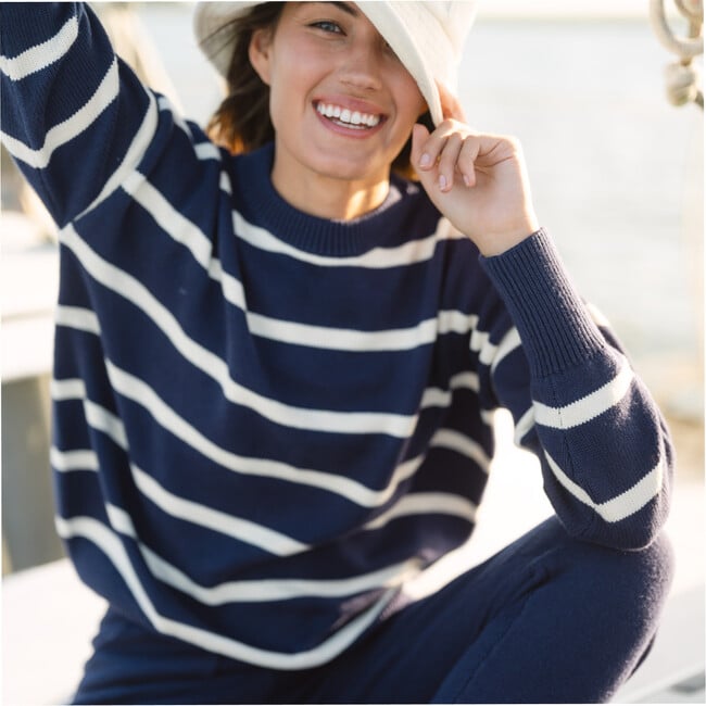 Women's Navy And Cream Wide Stripe Knit Sweater - Sweaters - 4