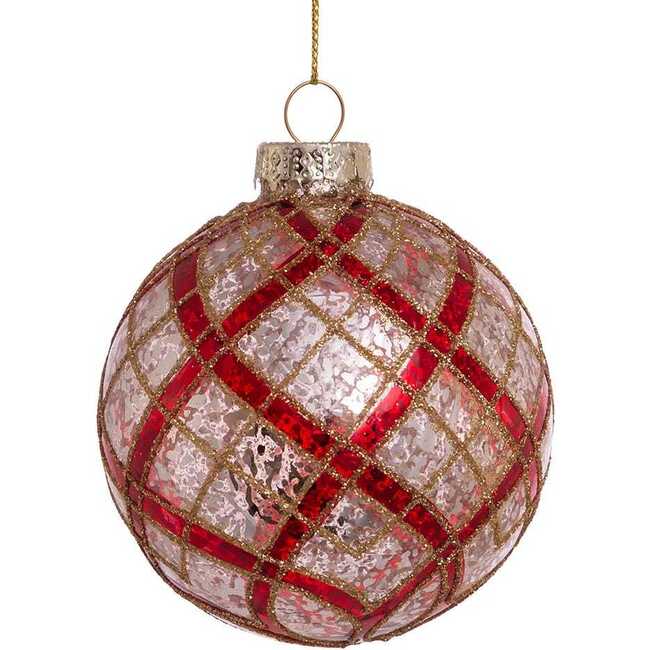 Silver with Gold and Red Plaid Glass Ball Ornaments, 6-Piece Set