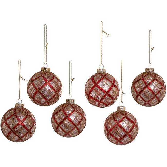 Silver with Gold and Red Plaid Glass Ball Ornaments, 6-Piece Set - Ornaments - 2