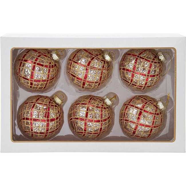 Silver with Gold and Red Plaid Glass Ball Ornaments, 6-Piece Set - Ornaments - 3