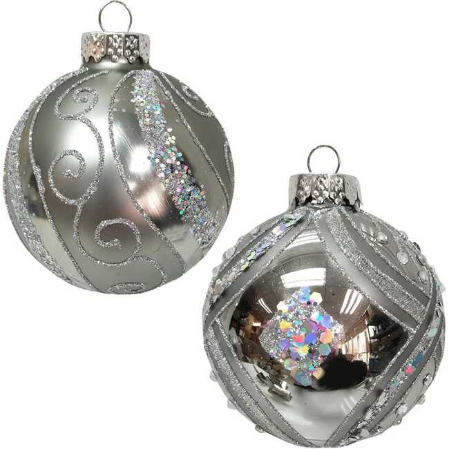 Silver with Glitter and Sequins Glass Ball Ornaments, 6 Piece Box