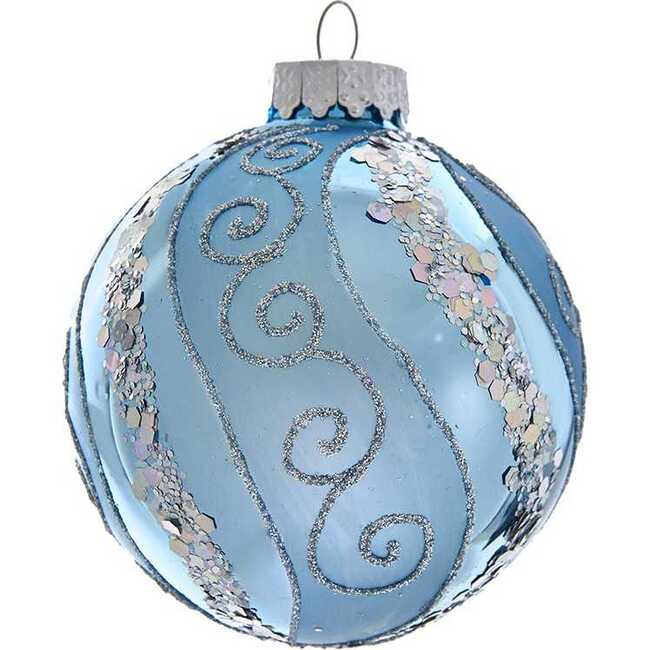 Silver Blue with Glitter and Sequins Glass Ball Ornaments, 6 Piece Box