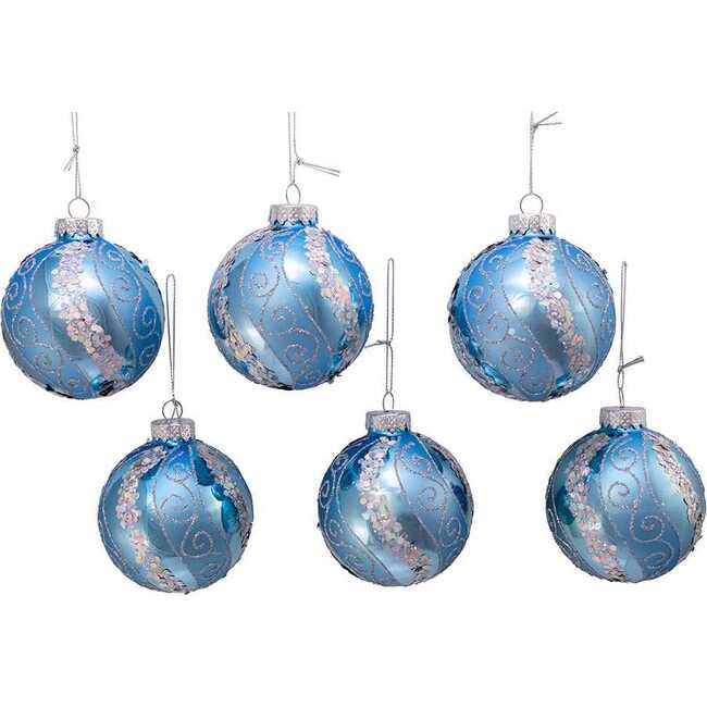 Silver Blue with Glitter and Sequins Glass Ball Ornaments, 6 Piece Box - Ornaments - 2