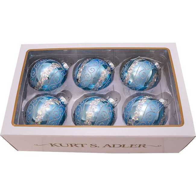 Silver Blue with Glitter and Sequins Glass Ball Ornaments, 6 Piece Box - Ornaments - 5