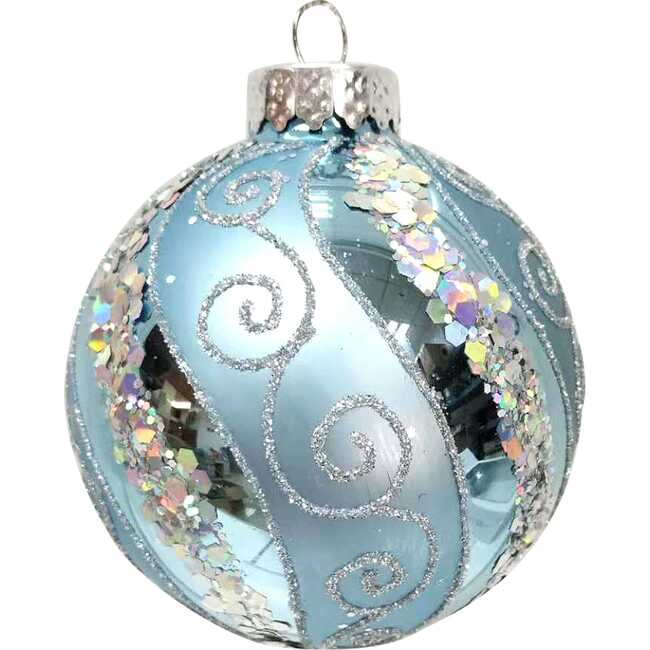 Silver Blue with Glitter and Sequins Glass Ball Ornaments, 6 Piece Box - Ornaments - 6
