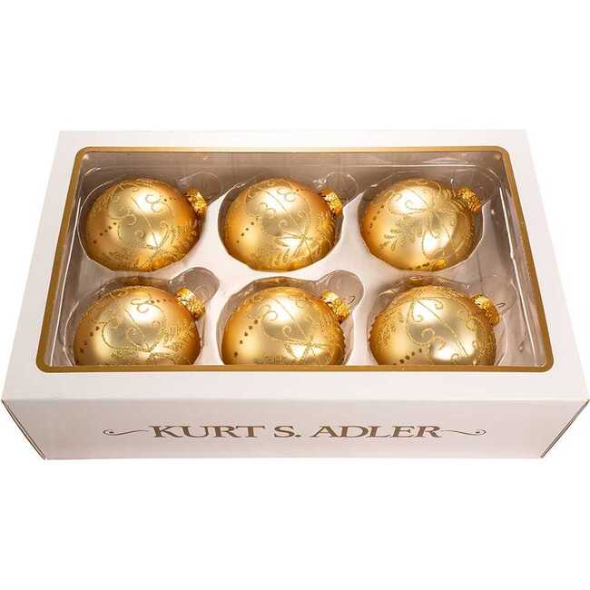 Gold With Gold Pattern Glass Ball Ornaments, 6-Piece Box - Ornaments - 4