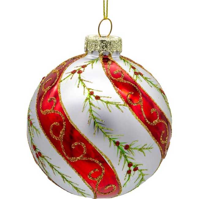 Glass Red and White Holly Leaves 6-Piece Ball Ornament Set - Ornaments - 2