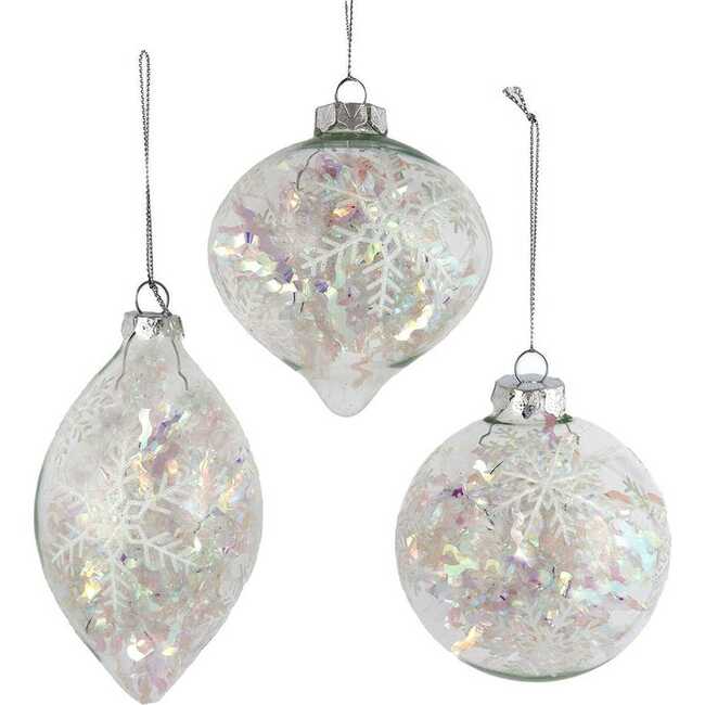 Glass Iridescent Snowflake Ball, Finial, and Onion 3-Piece Ornament Set