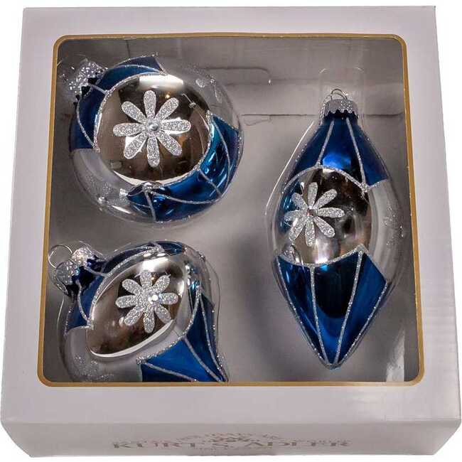 Glass Blue Snowflake Ball, Onion and Teardrop Shaped Ornaments, 3-Piece Set