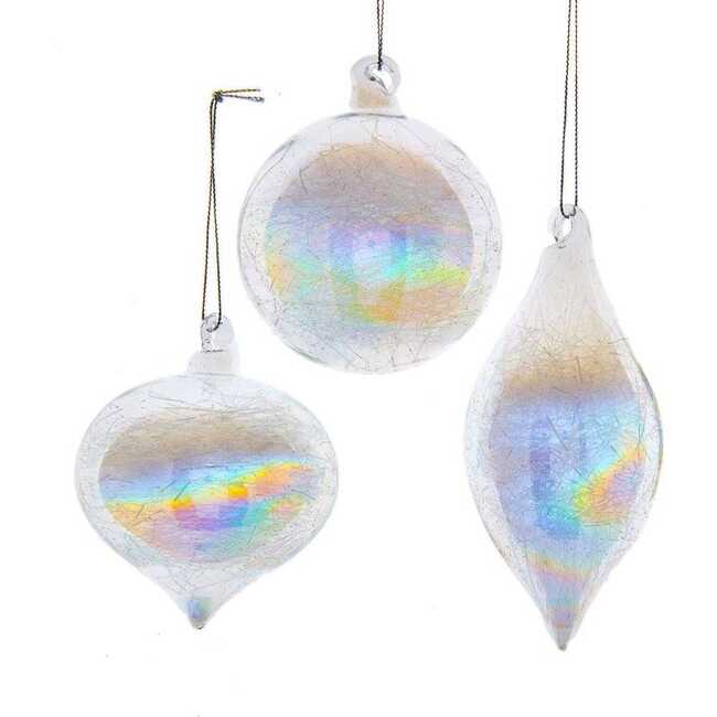 Clear Iridescent Ball, Onion and Teardrop Ornaments, 3 Piece Set