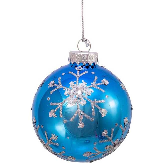 Blue and Silver Glitter Snowflake Glass Ball Ornaments, 6 Piece Box