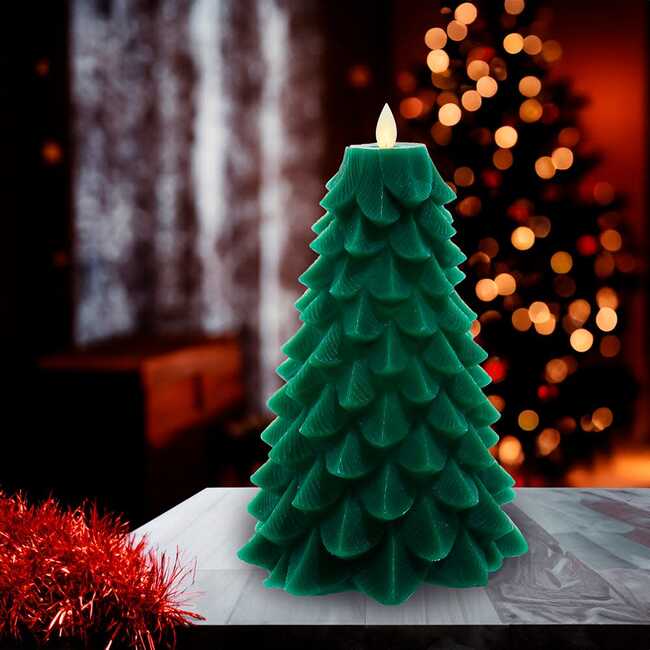 9-Inch Battery Operated Green Christmas Tree Candle with LED Flicker Flame - Candles - 7