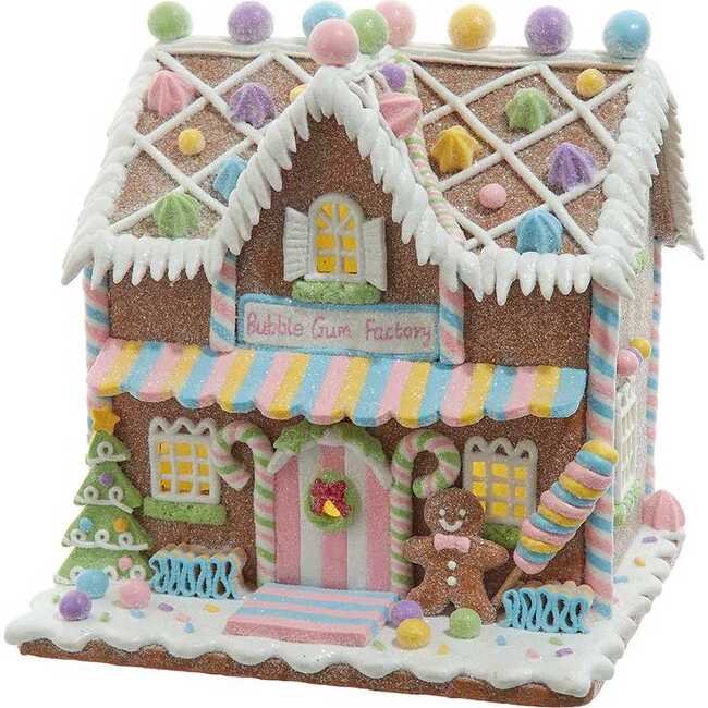 8-Inch Battery Operated LED Lighted Gingerbread Bubblegum Factory