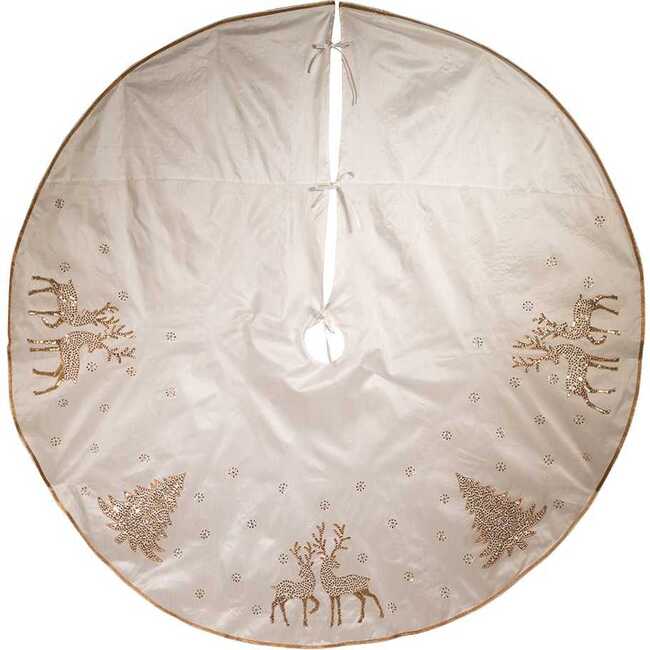 72-Inch White Tree Skirt with Gold Glitter Tree and Reindeer Design - Tree Skirts - 2