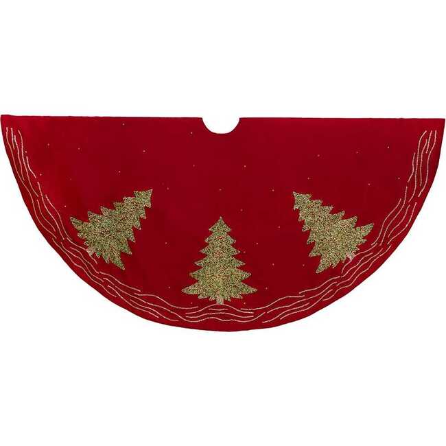 60-Inch Red Tree Skirt with Green Embroidered Tree Design