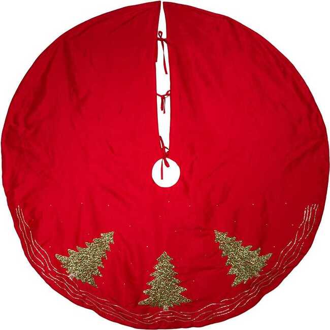 60-Inch Red Tree Skirt with Green Embroidered Tree Design - Tree Skirts - 2