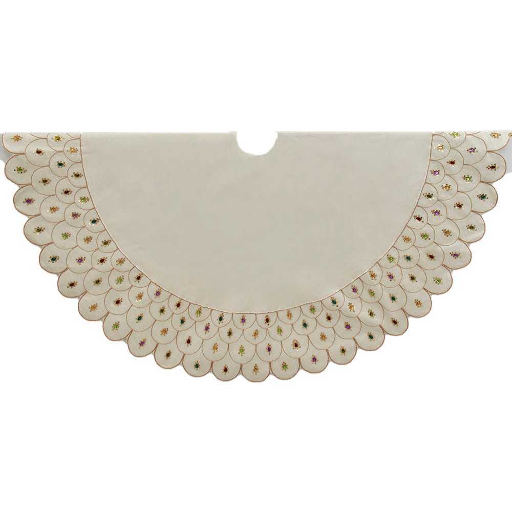 60-Inch Multi-Colored Beads Scalloped Ivory Embroidered Tree Skirt - Tree Skirts - 1