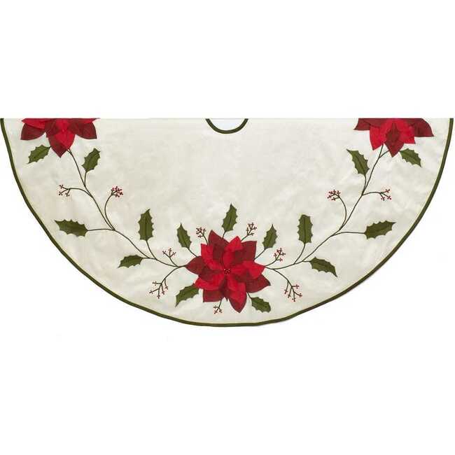 54-Inch Ivory with Holly Leaves and Poinsettia Tree Skirt