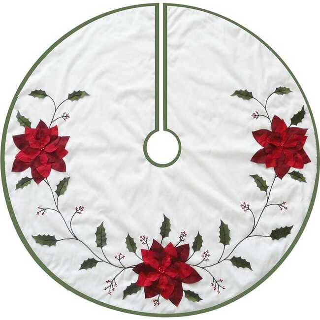 54-Inch Ivory with Holly Leaves and Poinsettia Tree Skirt - Tree Skirts - 2