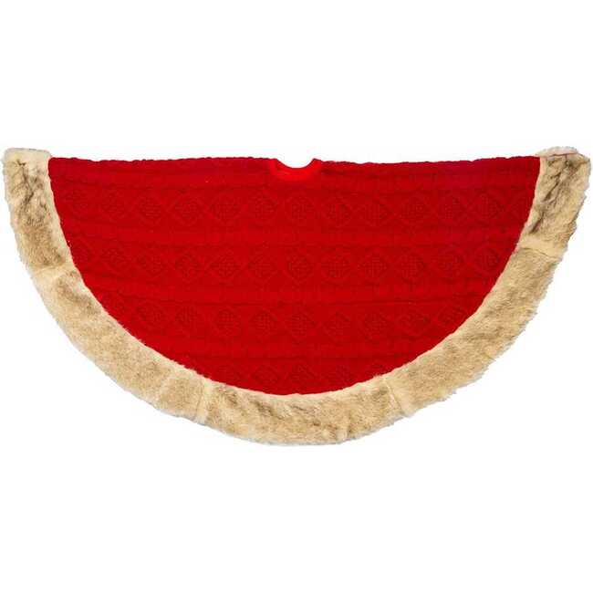 48-Inch Red Knit Tree Skirt with Tan Faux Fur Border