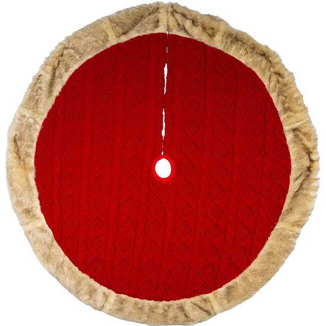 48-Inch Red Knit Tree Skirt with Tan Faux Fur Border - Tree Skirts - 2