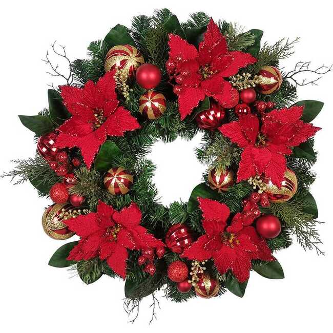 30-Inch Unlit Red & Gold Poinsettia Wreath