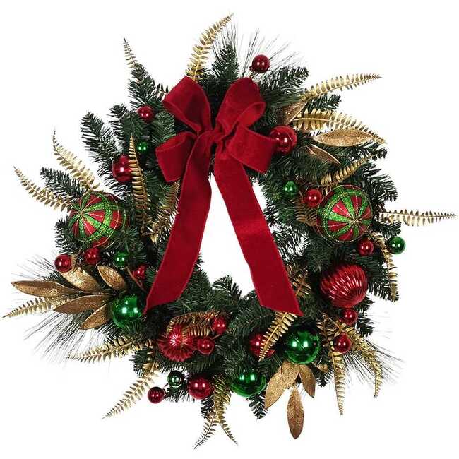 24-Inch Unlit Gold, Red and Green Ribbon Wreath