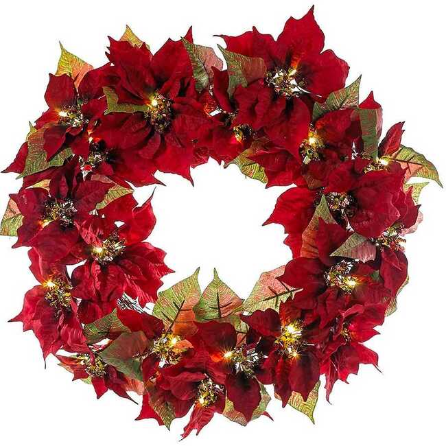 24-Inch Battery-Operated Red Poinsettia LED Wreath