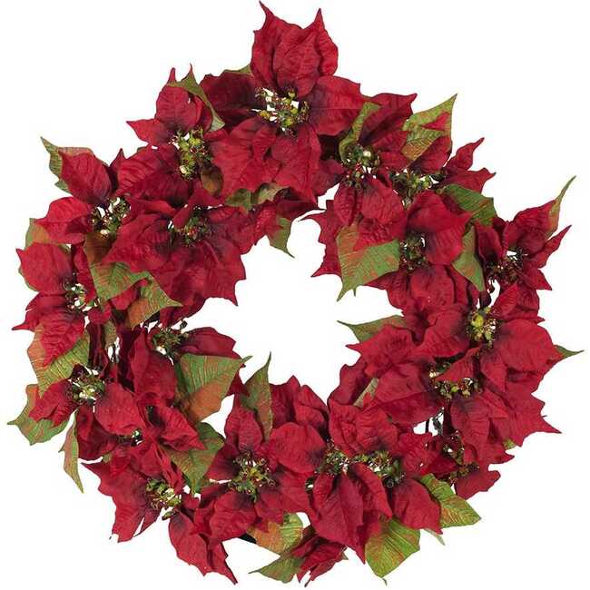 24-Inch Battery-Operated Red Poinsettia LED Wreath - Wreaths - 2